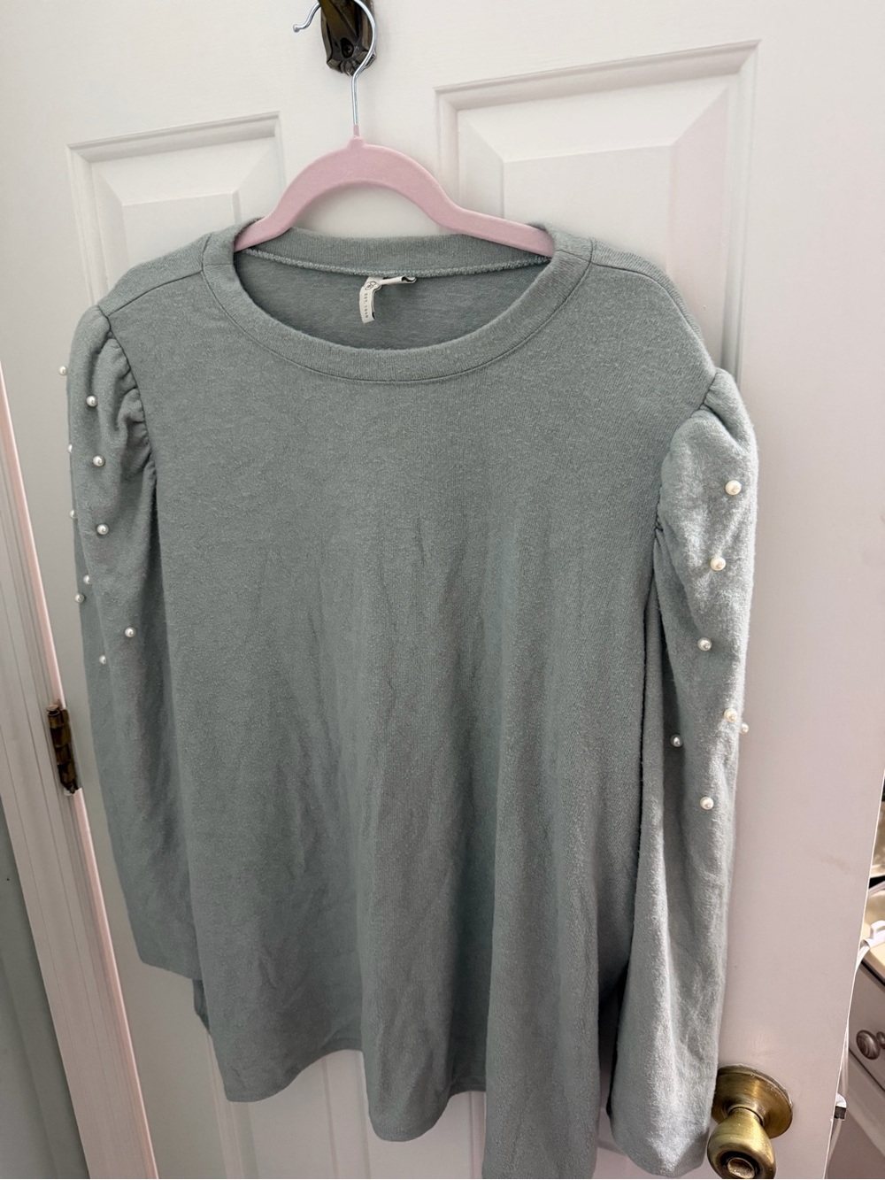 Cato Light Sage Pearl-Accent Crewneck Sweater